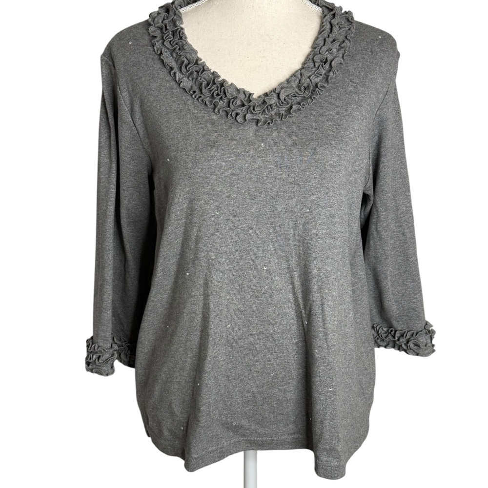 Quacker Factory Gray Ruffle V-Neck Rhinestone 3/4 Sleeve Cotton Top Small
